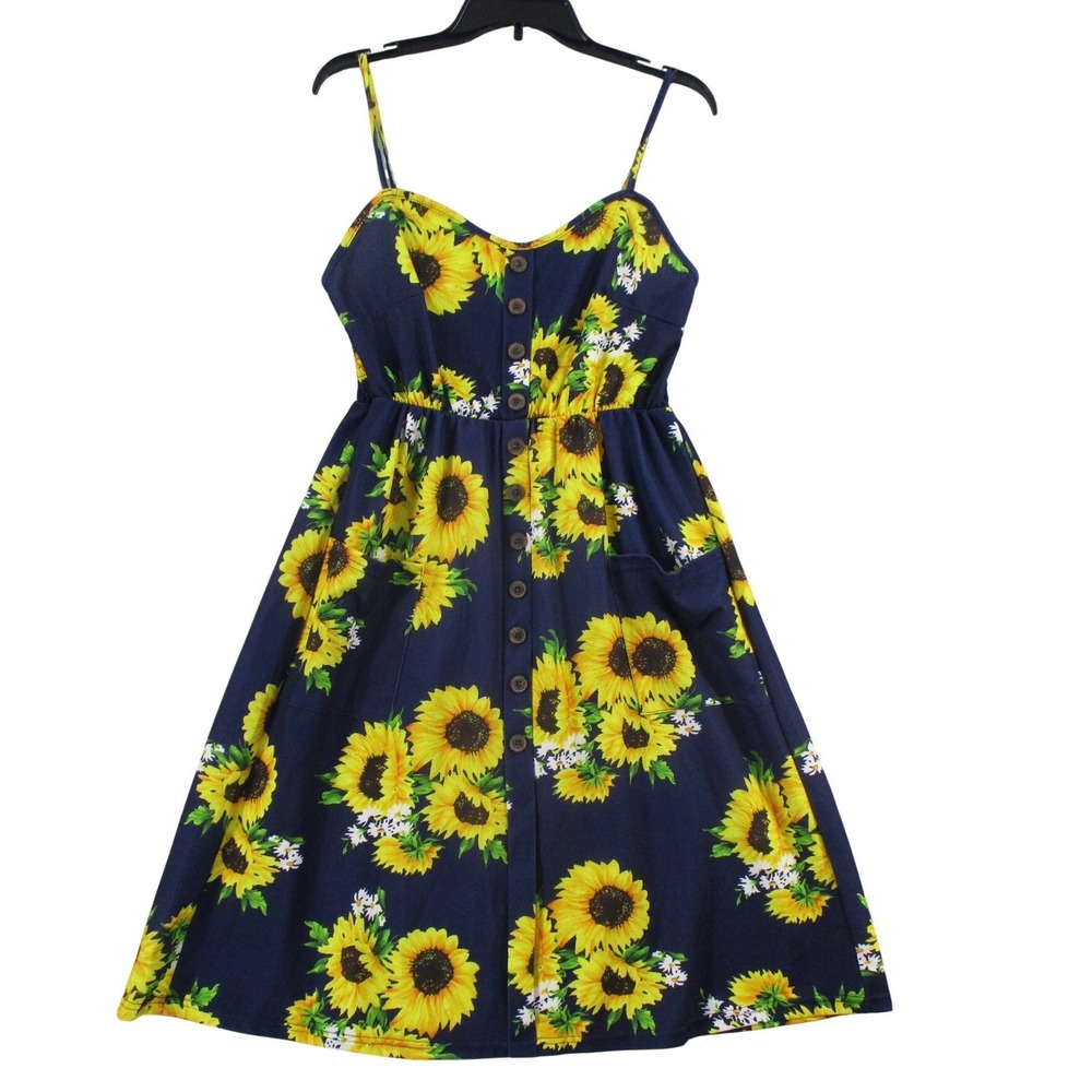 Lidrewa Sunflower Print Button Front Sundress Navy Blue Women Size L